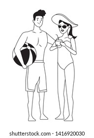 Young couple enjoying summer in swimsuit with beach ball vector illustration graphic design
