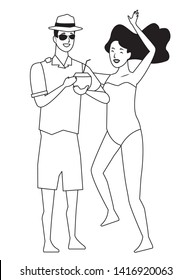 Young couple enjoying summer in swimsuit drinking coconut cocktail and dancing vector illustration graphic design