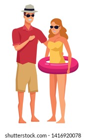 Young couple enjoying summer in swimsuit with float