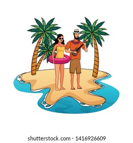 Young couple enjoying summer in swimsuit playing guitar on beach scenery vector illustration graphic design