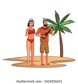 Young couple enjoying summer in swimsuit playing guitar on beach scenery vector illustration graphic design