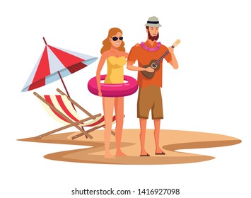 Young couple enjoying summer in swimsuit playing guitar in beach at sunny day scenery isolated vector illustration