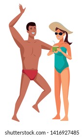 Young couple enjoying summer in swimsuit drinking cocktail