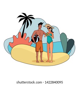 Young couple enjoying summer in swimsuit with beach ball on beach scenery vector illustration graphic design