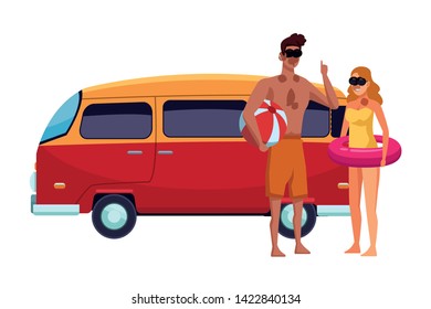 young couple enjoying summer time with vintage van and beach ball vector illustration graphic design