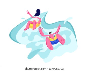 Young Couple Enjoying Summer Vacation in Waterpark Riding Floats and Laughing. Funny Excited Man and Woman Water Slide at Aquapark. Two Persons on Summertime Holiday. Cartoon Flat Vector Illustration