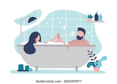 Young couple enjoying taking bath. Husband and wife hold hands while bathing. Lovers relax in bathroom together. Home spa procedure. Romantic evening. Design restroom interior.Flat vector illustration