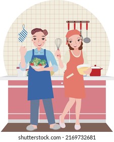 A young couple enjoys cooking.vector illustration