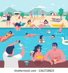 Young couple enjoys drink at beach bar with swimming pool scenery in background. Summer vacation on sandy beach. Retro flat design illustration.