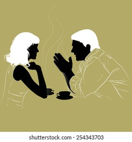 Young couple enjoys a hot tea in the cafe, silhouettes