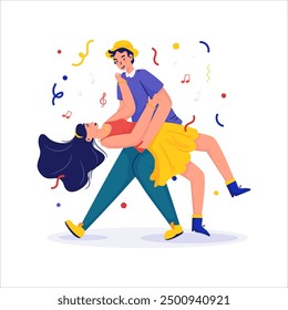 A young couple enjoys the party by romantic dancing vector illustration