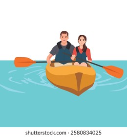 Young couple enjoys a peaceful Canoeing Adventure. Flat vector illustration isolated on white background