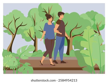 A young couple enjoys a quiet walk along a path, surrounded by vibrant green trees and plants in a serene natural setting. Flat vector modern illustration 