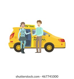 Young Couple Entering Yellow Taxi Car