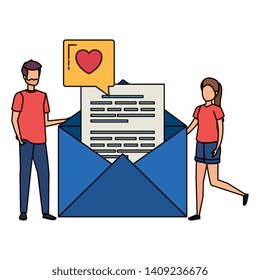 young couple with envelope and love speech bubble