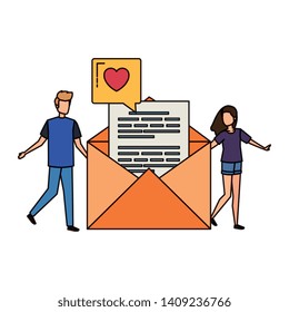 young couple with envelope and love speech bubble