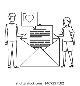young couple with envelope and love speech bubble