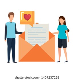 young couple with envelope and love speech bubble