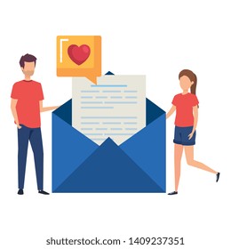 young couple with envelope and love speech bubble