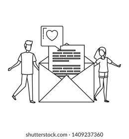 young couple with envelope and love speech bubble