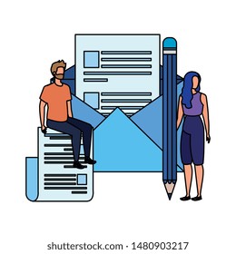 young couple with envelope mail characters