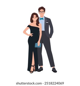 Pareja joven en ropa formal de noche. Ilustración de personaje de Vector plano