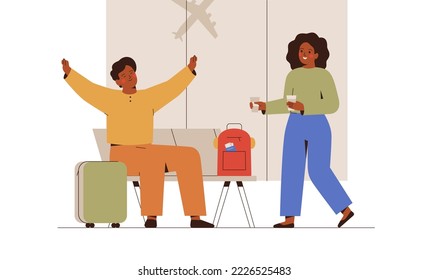 Young couple expect for departure in airport hall. Man and woman drink coffee and rest for waiting their airplane. Tourists going on vacation, journey or trip. Vector illustration