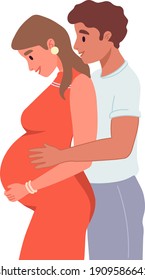 Young couple expecting baby. Happy family, marriage. Pregnant woman with a big belly and her husband hug together. Future parents, pregnancy, motherhood, parenthood concept. 