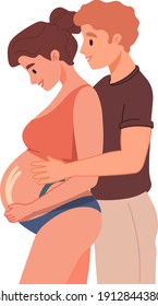 Young couple expecting baby. Happy family, marriage. Pregnant woman with a big belly and her husband hug together. Future parents, pregnancy, motherhood, parenthood concept. 