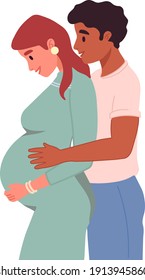 Young couple expecting baby. Happy family. Pregnant woman with a big belly and her husband hug together. Future parents, pregnancy, motherhood, parenthood concept. Multiethnic, multiracial couple