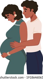 Young couple expecting baby. Happy family. Pregnant woman with a big belly and her husband hug together. Future parents, pregnancy, motherhood, parenthood concept. African American dark skin couple