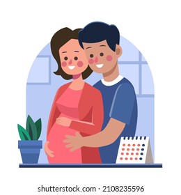 Young couple expecting baby. Happy family. Pregnant woman with a big belly and her husband hug together. Future parents, pregnancy, motherhood, parenthood concept. 