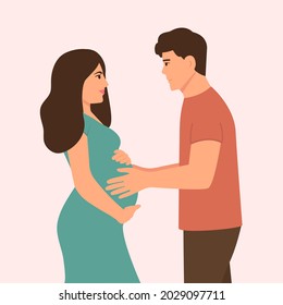 Young Couple Expecting Baby.Pregnant Woman and man. Husband and wife, family.Future parents, pregnancy, motherhood, parenthood concept. Flat vector illustration