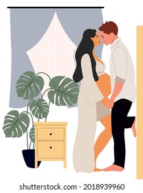 A young couple is expecting the birth of their baby in the hospital. The wife is in a beige robe and underwear. The husband cares and supports his beloved. Partner childbirth and young parents. Vector