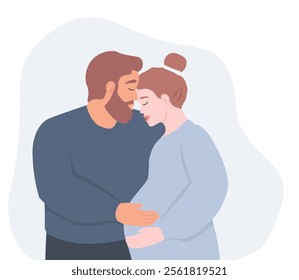 A young couple expecting a child. Future parents together, a pregnant woman is hugged by her husband. Vector graphics.