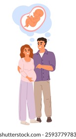 Young couple expecting childbirth. Pregnant woman and handsome man thinking about newborn baby. Wife and husband embrace. Happy pregnancy and parenthood. Parents hug