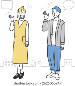 young couple, explaining gesture, full body, vector image