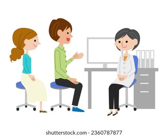 A young couple explains to a female doctor in the examination room.