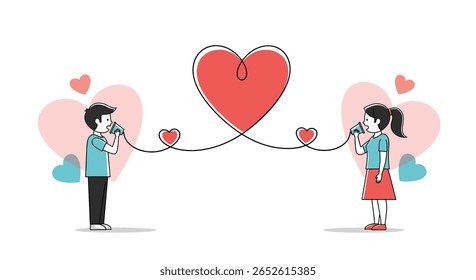 Jovem casal expressando amor através de uma corda telefônica conectada por corações simbolizando seu vínculo