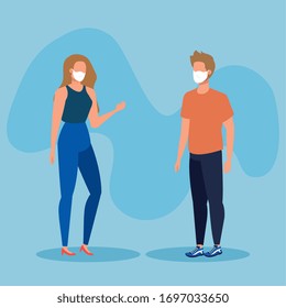 young couple with face mask avatar character vector illustration design