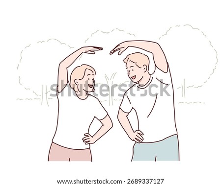 Young Couple Facing Each Other Doing Arm Stretching Hand drawn style vector design illustrations.