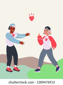 Young Couple Falling In Love Flat Vector Art Illustration. Love Affair Between Boyfriend And Girlfriend. The Boy and The Girl Reach Out For A Hug