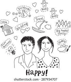 Young couple family plans dreams wishes happy
Portrait of young unrecognizable couple with goals, dreams and wishes symbols. Doodles black and white vector illustration.