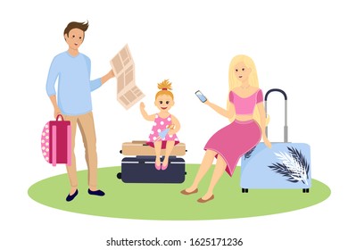 Young couple family, tourists travelling with backpacks and bags. Vetor illustration EPS10