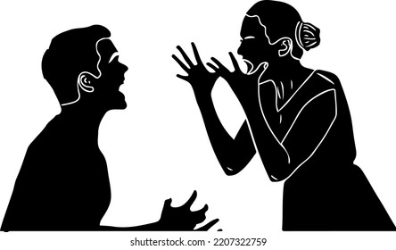 Young Couple Fighting, Man And Woman Arguing Silhouette, Two People Fighting Outline Vector Illustration