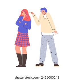 Pareja joven luchando y gritando, ignorando y señalando con el dedo. Gente agresiva discutiendo y gritando. Conflicto familiar de caricaturas. Ilustración vectorial de expresión enojada aislada en blanco