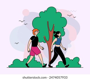 Pareja joven en trajes de fitness caminando en el parque. Hombre y mujer activos Ilustración vectorial plana. Estilo de vida, fitness, concepto de actividad para Anuncio, diseño de Sitio web o página de aterrizaje