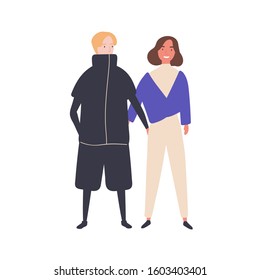 Young couple flat vector illustration. Happy teenagers, young girl and boy. Modern relationship, tenderness and liking manifestations concept. Smiling teens holding each other cartoon characters.