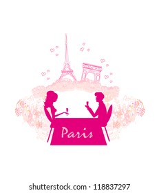  Young couple flirt and drink champagne in Paris