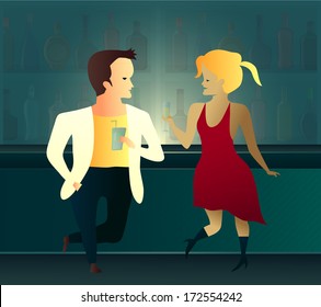 Young couple flirting and drinking at the bar. Young guy and pretty blonde girl chat while drinking cocktails in a nightclub